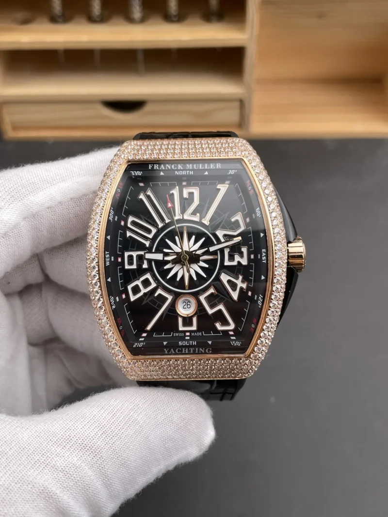 Franck Muller Vanguard Rose Gold Diamond Bezel Black Dial 44x54mm