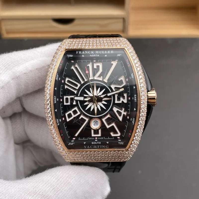 Franck Muller Vanguard Rose Gold Diamond Bezel Black Dial 44x54mm