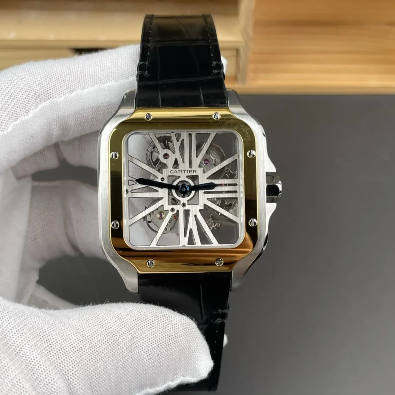 img01_3059_RF_卡地亚_山度士_间金皮带镂空系列_9611MC一体机芯.webp Cartier Santos Skeleton