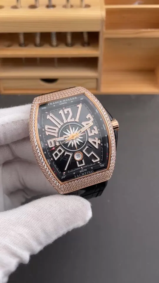 Franck Muller Vanguard Rose Gold Diamond Bezel Black Dial 44x54mm