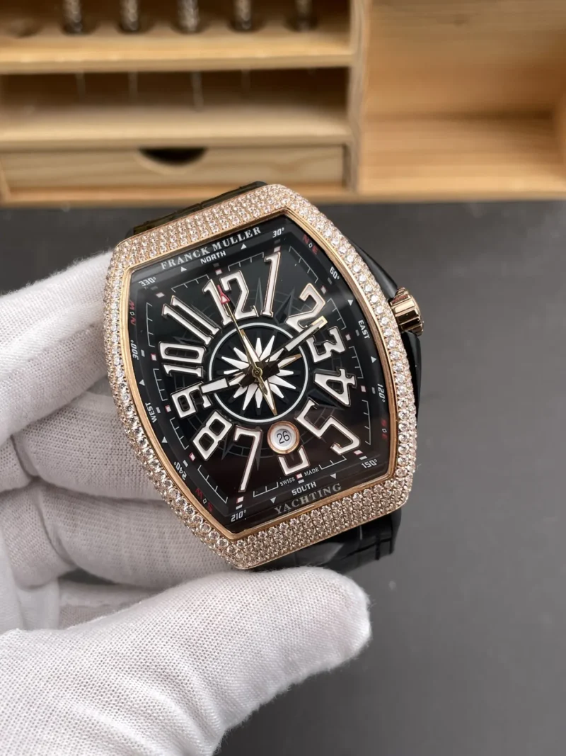 Franck Muller Vanguard Rose Gold Diamond Bezel Black Dial 44x54mm