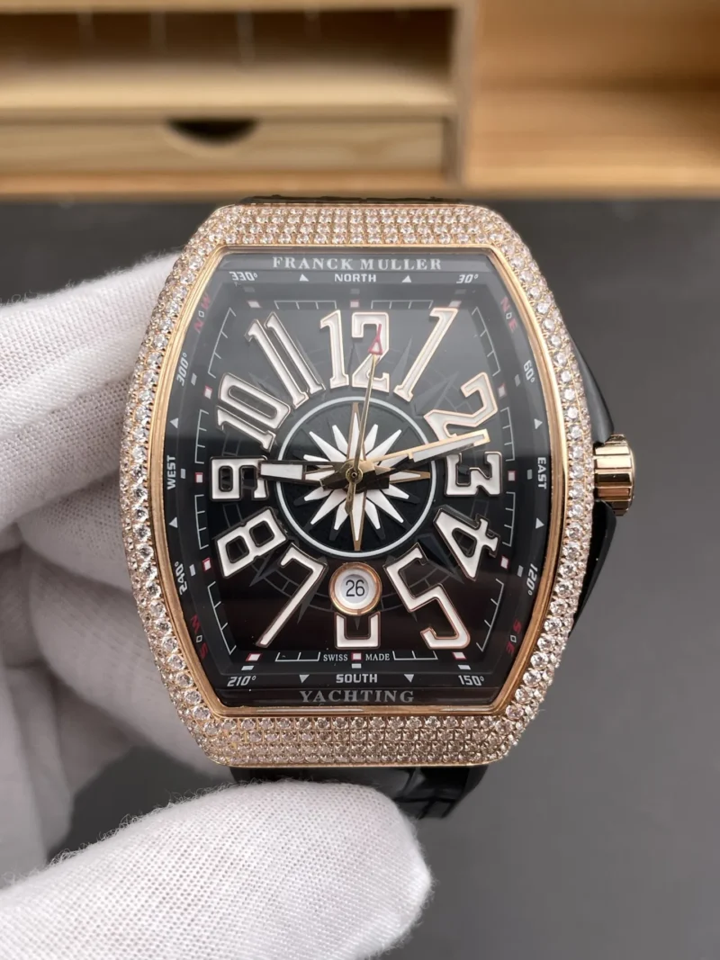 Franck Muller Vanguard Rose Gold Diamond Bezel Black Dial 44x54mm