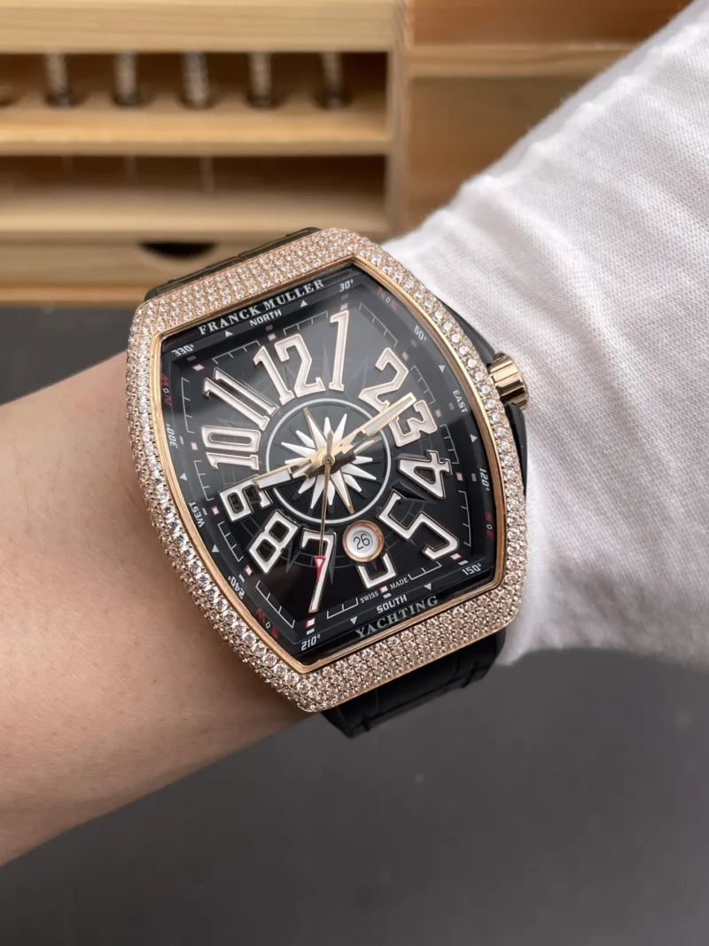 Franck Muller Vanguard Rose Gold Diamond Bezel Black Dial 44x54mm